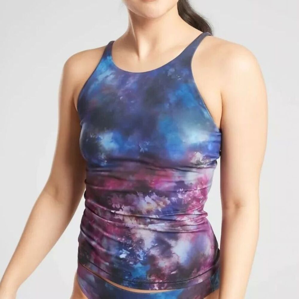 Athleta Supernova Keyhole Tankini M Swim Top Blue Purple Tie Dye Padded A-C Cup